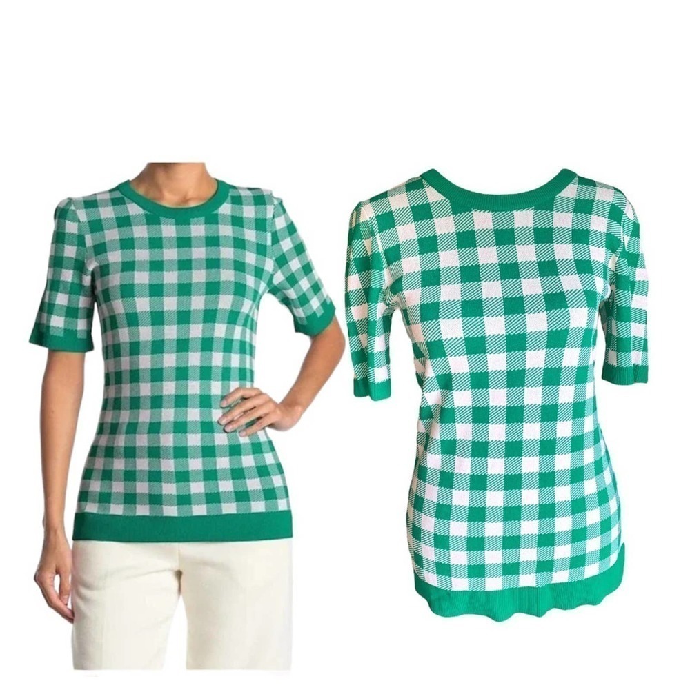 Ronny Kobo Check Plaid Short Sleeve Sweater Green and White Size XS